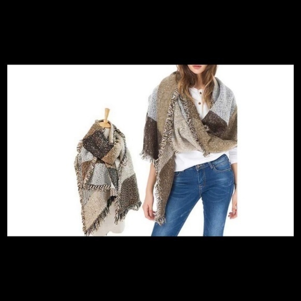 Women's Oversized Soft Warm Wool Blend Plaid Color Block Scarf Wrap